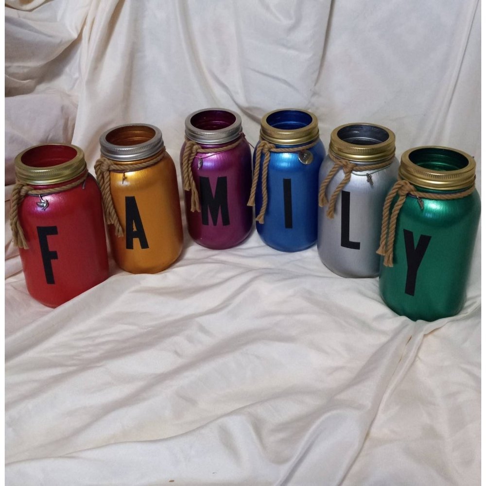 Handmade Set of 6 "FAMILY" Painted Mason Jars Votive/Candle Holders